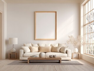 Fototapeta premium Beige minimalist living room with large framed art