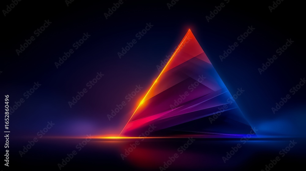 Poster colorful triangle is lit up in the dark. the triangle is made up of different colors. the image has 