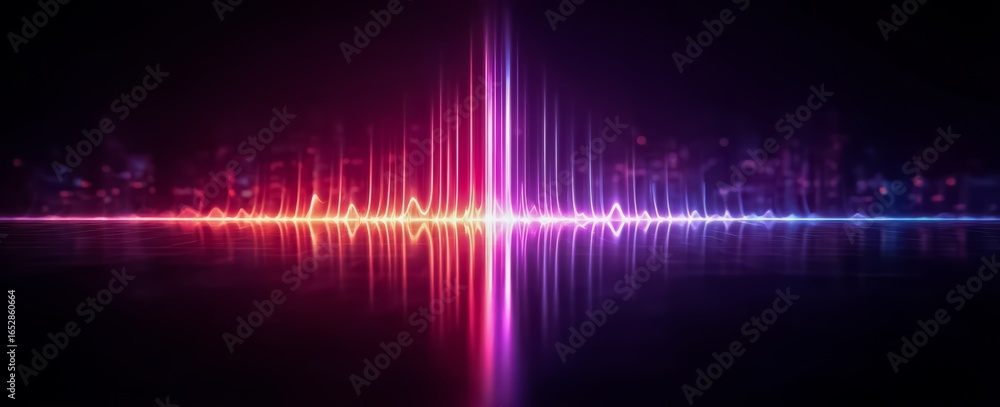 Poster colorful, abstract image of a city skyline with a purple and red line running through it. the image 