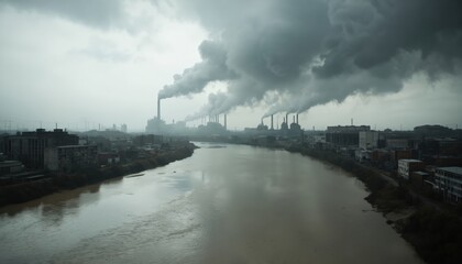 Industrial landscape shows factories emitting dark smoke into sky over river in urban setting. Scene highlights environmental concerns, industrial activity, pollution impacting city. Waterway