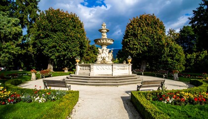 Park fountain with benches