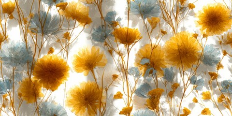 Floral pattern with yellow and blue flowers. The flowers are in various sizes and are scattered throughout the image