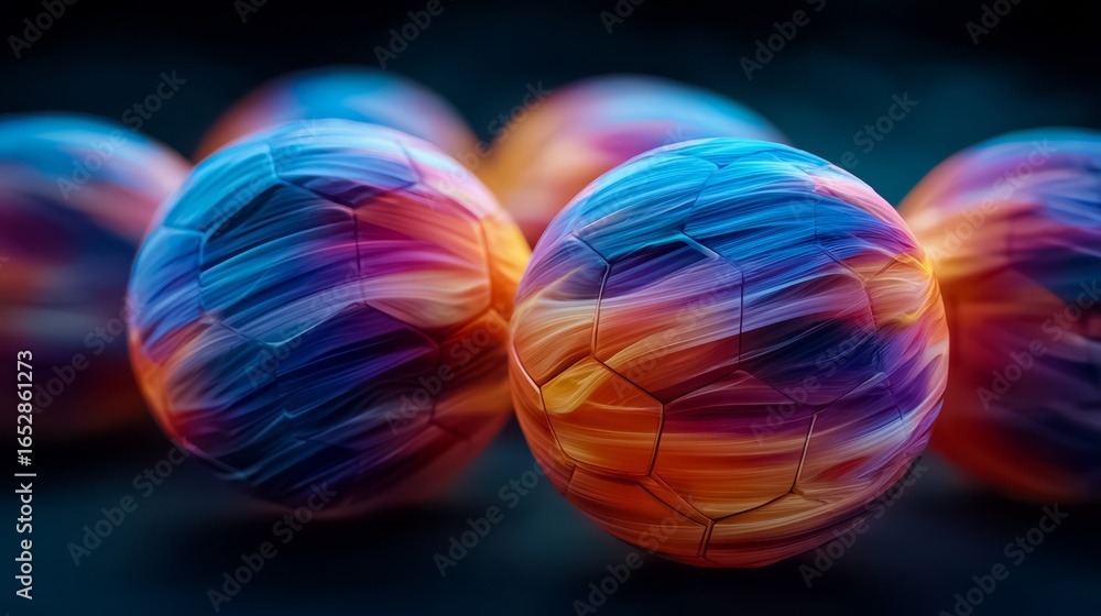 Poster group of colorful soccer balls are arranged in a row. the balls are all different colors and sizes