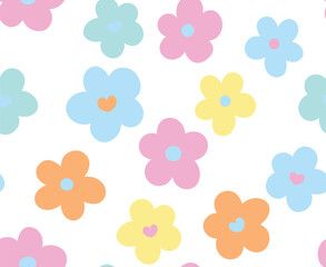 Modern floral seamless pattern with hand drawn brush flowers. Flower with heart style. Trendy spring floral print with daisy. Background white .