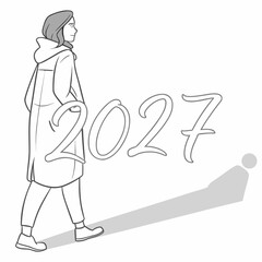 Woman walking towards the future year 2027 with a shadow representing her journey and progress ahead