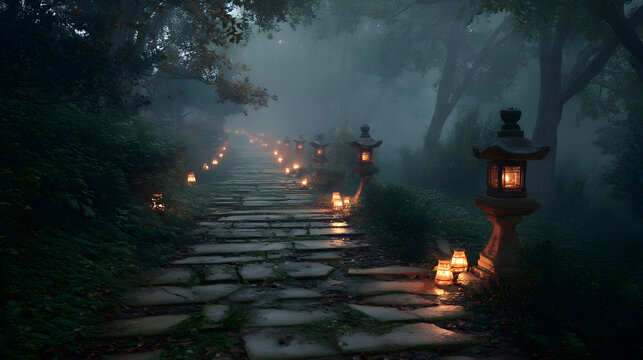 Mysterious Path with Stone Lanterns in a Misty Forest
