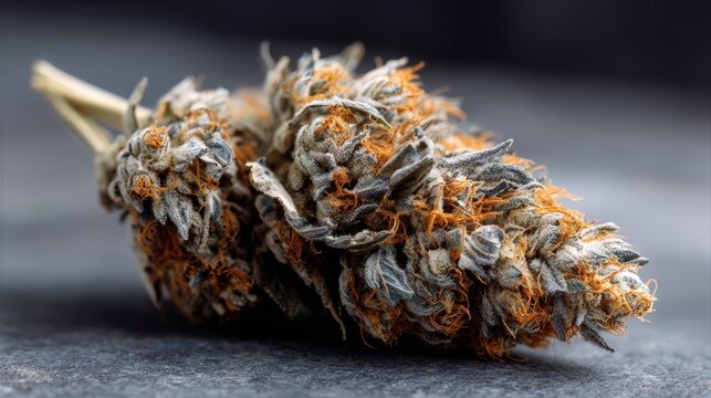 Marijuana plant with brown and orange buds. The plant is on a black surface. The plant is dried out and has a brown
