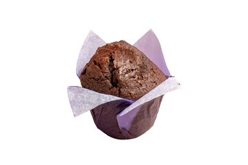 Delicious chocolate muffin wrapped in purple paper