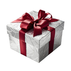 Obraz premium Elegant silver gift box with a luxurious red satin ribbon and bow. A beautifully wrapped present for Christmas, birthdays, or anniversaries, isolated on white