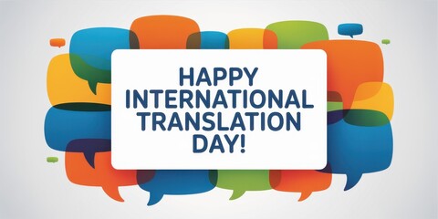 Happy international translation day with colorful speech bubbles