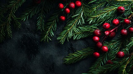 Holiday decoration with evergreen fir branches and red berry ornaments on black stone background