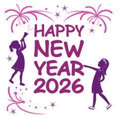 Happy new year 2026 celebration with children blowing horns and fireworks in purple and pink colors