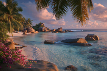 View from tropical beach paradise to turquoise water lagoon and amazing summer sky panorama