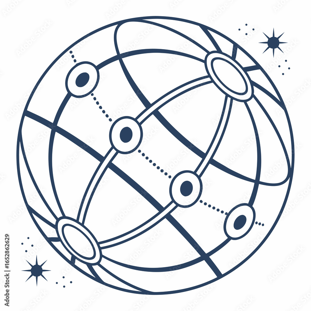 Aufkleber abstract globe network with interconnected nodes and radiating starbursts representing global connec
