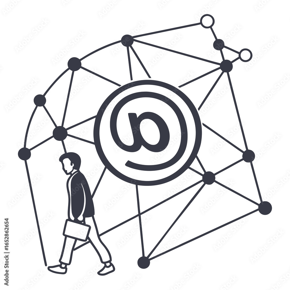 Aufkleber businessman walking through a digital network with an at symbol representing communication and conne