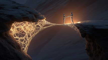 Conceptual Image of a Relationship Bridging a Gap with a Luminous Network