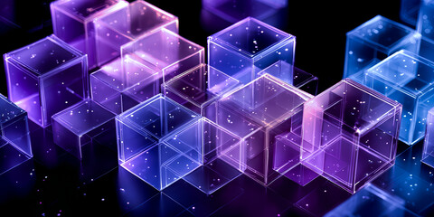 Series of colorful cubes arranged in a grid. The cubes are made of clear plastic and are illuminated with a blue