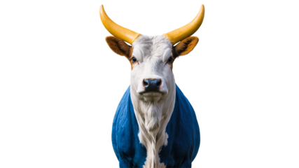 A powerful vibrant blue bull featuring striking golden horns symbolizing a robust financial market investment trend and economic growth potential
