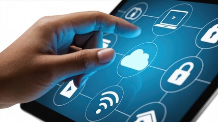 Hand touching a digital interface with cloud and security icons