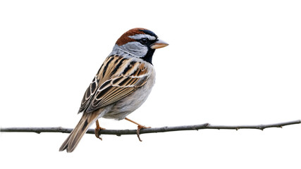 A beautiful chipping sparrow with its distinctive reddish cap and striped plumage perches calmly on a delicate branch showcasing nature's artistry in detail
