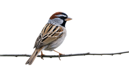 A beautiful chipping sparrow with its distinctive reddish cap and striped plumage perches calmly on a delicate branch showcasing nature's artistry in detail