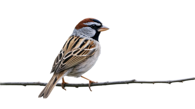 A beautiful chipping sparrow with its distinctive reddish cap and striped plumage perches calmly on a delicate branch showcasing nature's artistry in detail