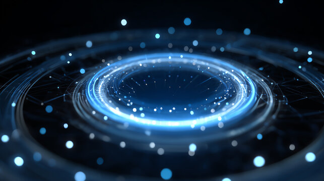 Futuristic digital abstraction featuring glowing blue circles and particles, representing advanced technology and innovation.