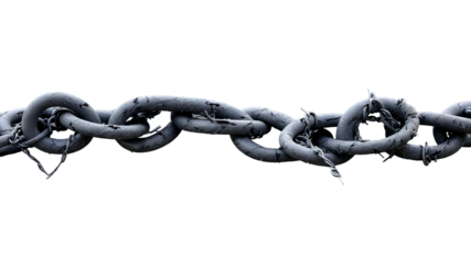 A heavily rusted and corroded industrial metal chain with damaged links signifying weakness a potential break or structural failure