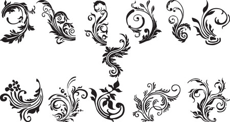 Vintage Swirls & Flourishes Vector Set - Ornate Black Scrolls for Corners and Embellishment.