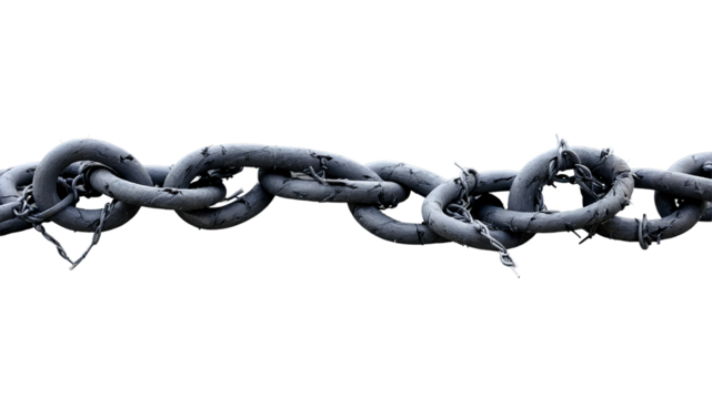 A heavily rusted and corroded industrial metal chain with damaged links signifying weakness a potential break or structural failure