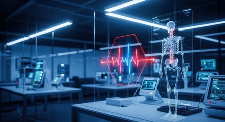 Futuristic medical lab with skeleton hologram and pulse display