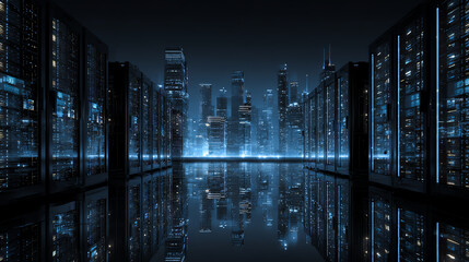 Futuristic city skyline at night, showcasing illuminated buildings and reflections in water, highlighting urban innovation and design.