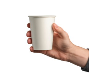 Hand holding plain paper cup for beverages in daily life on a transparent background, cut out