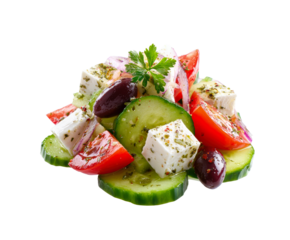 Fresh cucumber salad with feta cheese and olives for healthy eating on a transparent background, cut out