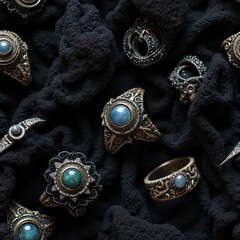 Intricate Vintage Jewelry Collection Featuring Diverse Rings and Decorative Gemstones on Soft Black Background