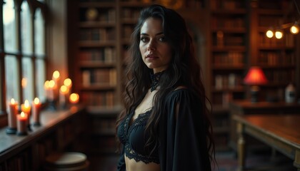 Woman in Black Lace Bra and Elegant Robe in Cozy Library with Candlelight and Dim Atmosphere, Captivating Portrait in Vintage Setting