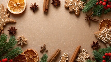 Christmas background with gingerbread cookies, dried orange slices, cinnamon sticks, anise stars, pine branches, and red berries on rustic brown surface