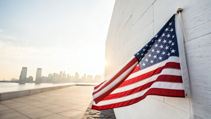 american flag with a modern city skyline