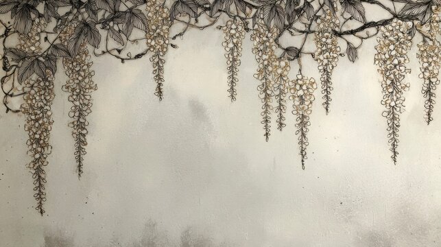 Cream-colored canvas with fine line art of wisteria flowers hanging from above