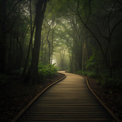 Obraz premium The winding wooden road in the majestic mangrove forest area is trulyenchanting.