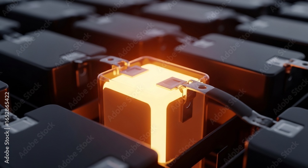 Poster futuristic computer server with glowing orange light in data center