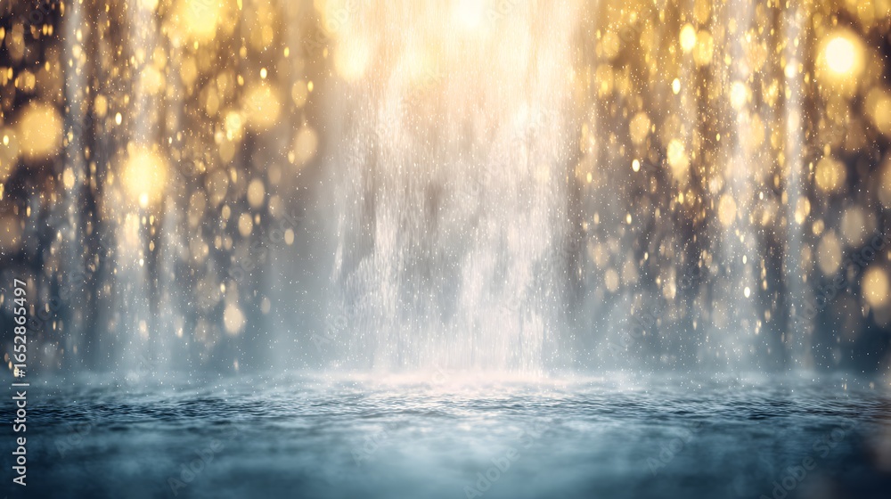 Poster a dramatic backdrop featuring a water-like surface with golden light effects and glittering particle