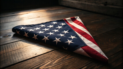 respectfully folded american flag on a wooden surface