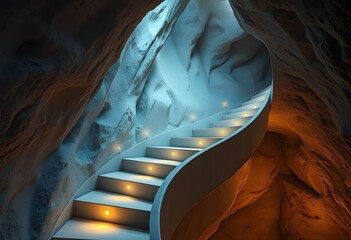 A winding staircase ascends through a cave with soft lighting, creating a serene atmosphere.