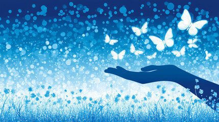 Hand releasing glowing butterflies into the air above a field of flowers in a blue dreamlike scene
