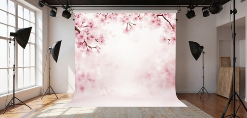 Photo studio interior with floral backdrop setup. Lighting equipment illuminates scene. Empty cyclorama screen mockup ideal for various photo shoots. Window provides natural light. Pro photography
