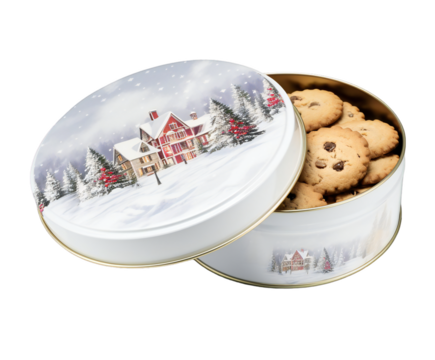 Christmas tin of cookies with a snowy village scene isolated on transparent background
