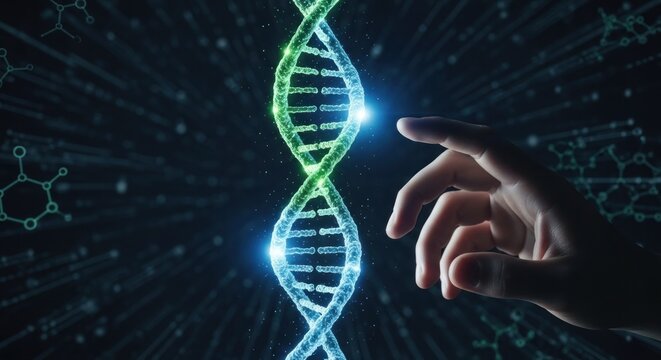 Glowing DNA helix with hand pointing, against dark digital background - Powered by Adobe