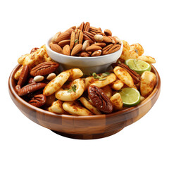 Fototapeta premium A wooden bowl of crispy savoury party food snacks Isolated on white and transparent background.