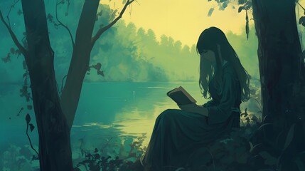 Lo-fi girl reading in a quiet forest setting, lake behind her and trees gently swaying in the wind